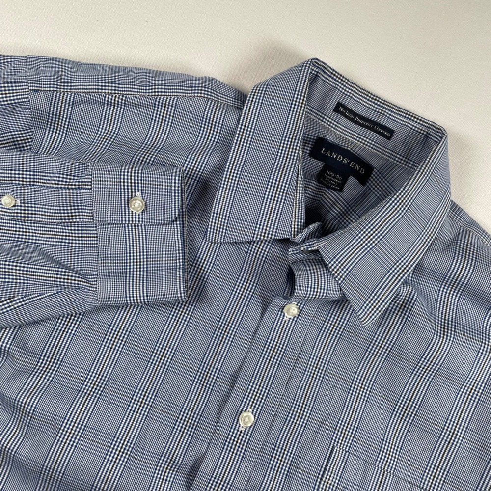 Lands End No Iron Pinpoint Oxford Plaid Dress Shirt Size Large 16.5 36 Tall Flaw